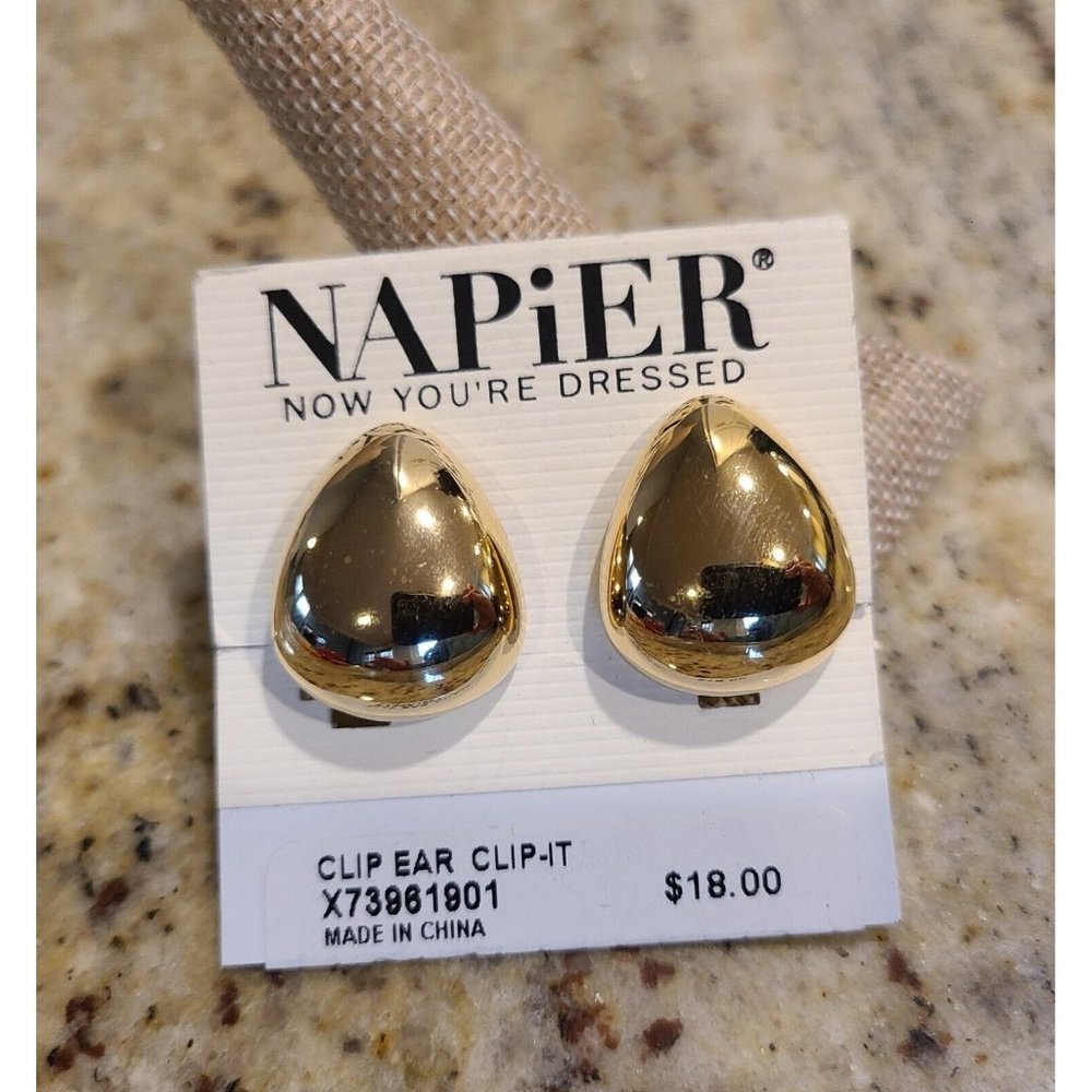 NEW! Napier Clip On Earrings Classic Gold Tone Teardrop Thick Half Hoops
